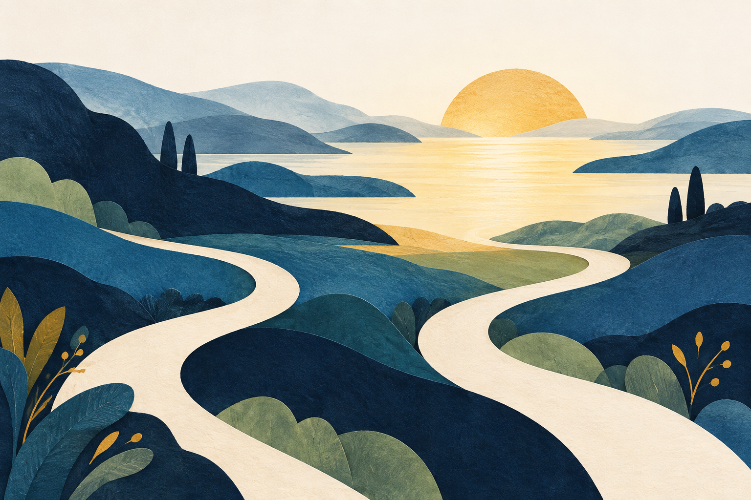 Original illustration of two paths leading toward a shared horizon