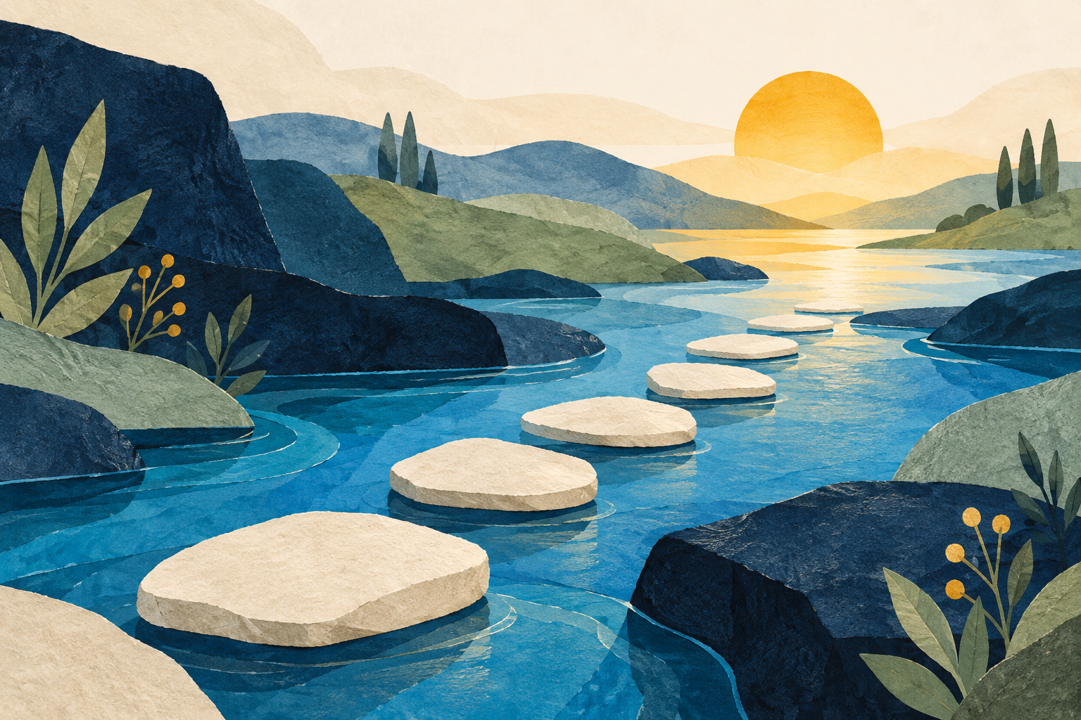 Original illustration of stepping stones leading across a stream toward warm light