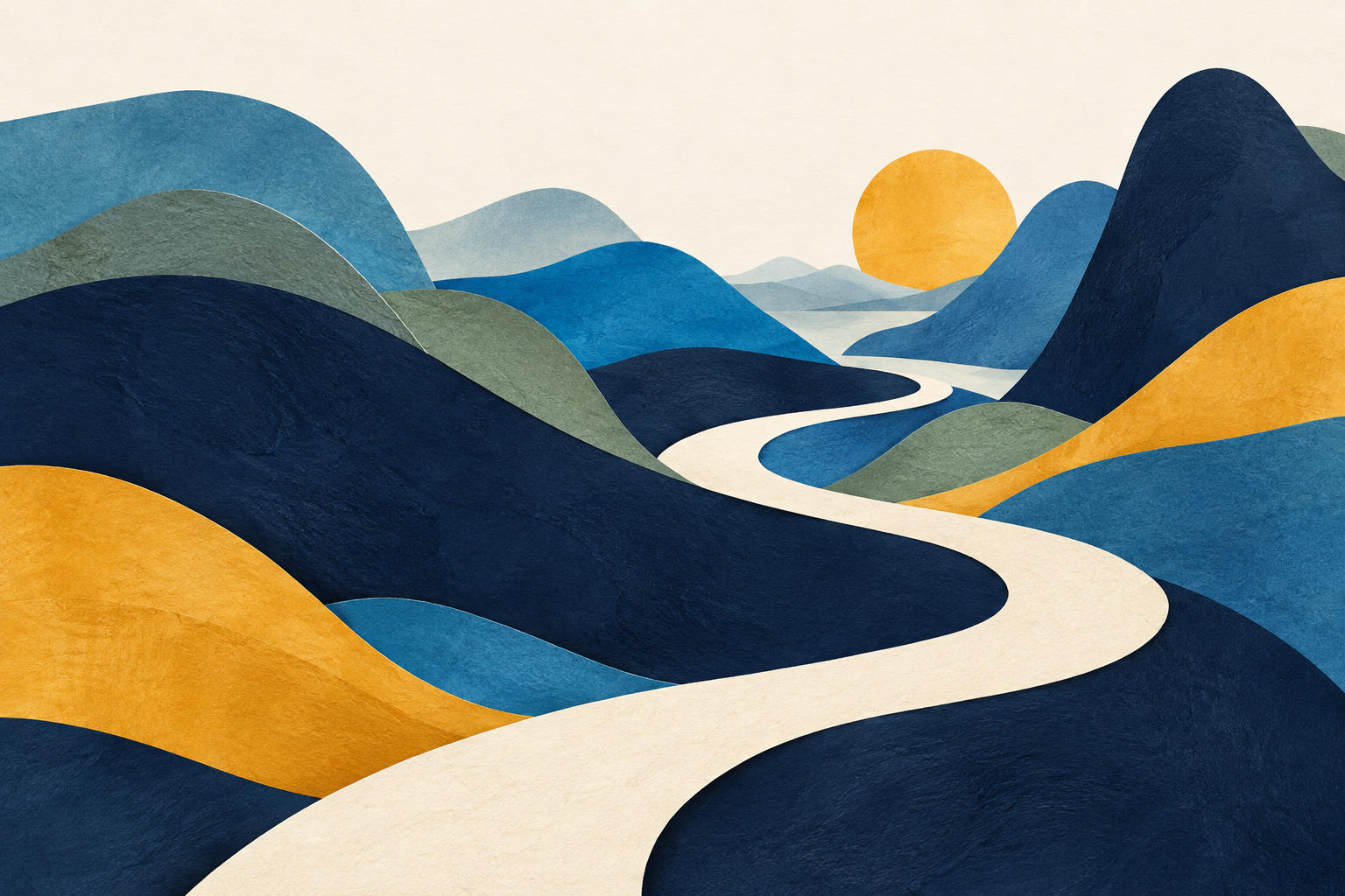 Illustration of layered landscapes and a winding path